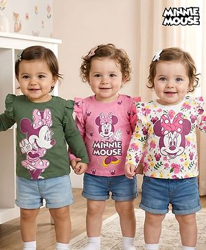 Babyhug Disney Single Jersey Knit Full Sleeves T-Shirts with Minnie Mouse Graphic & Frill Detailing Pack of 3 - Multicolor