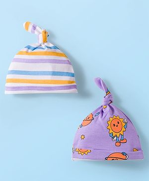 Babyhug 100% Cotton Knit Knot Cap With Stripes & Floral Print Pack of 2 Purple - Diameter 9.5 cm