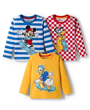 Babyhug Disney Single Jersey Knit Full Sleeves T-Shirts with Mickey & Friends Graphic Pack of 3 - Yellow Blue & Red