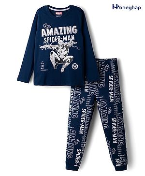 Honeyhap Marvel Single Jersey Knit Full Sleeves Night Suit with Spider Man Graphics - Navy Blue