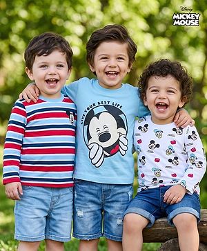 Babyhug Disney Single Jersey Knit Full Sleeves T-Shirts with Mickey Mouse Graphics & Stripes Pack of 3 - Multicolor