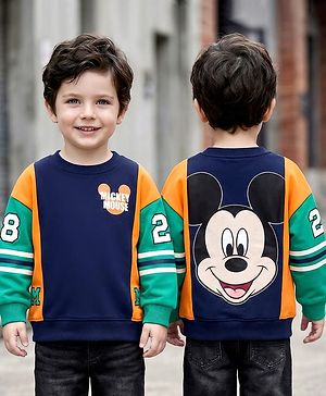 Babyhug Disney Terry Knit Drop Shoulder Full Sleeves Cut & Sew Sweatshirt With Front & Back Mickey Mouse Graphics - Multicolor