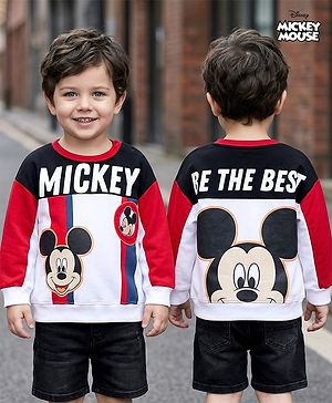 Babyhug Disney Terry Knit Drop Shoulder Full Sleeves Cut & Sew Sweatshirt With Front & Back Mickey Graphics & Badge Detailing - Multicolor