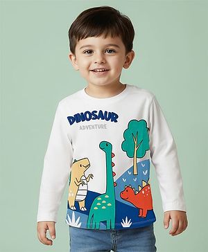 Babyhug 100% Cotton Knit Full Sleeves T-Shirt with Dino Print - White