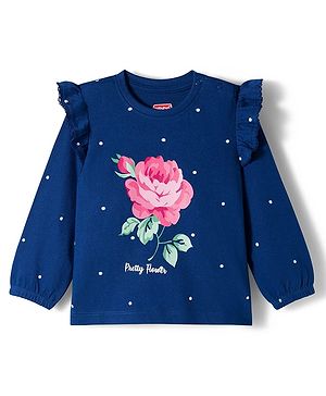 Babyhug 100% Cotton Knit Full Sleeves T-Shirt with Floral Print & Frill Detailing - Navy Blue