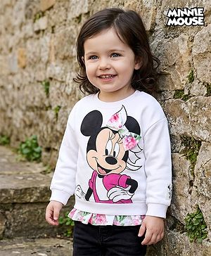 Babyhug Disney Terry Knit Full Sleeves Drop Shoulder Sweatshirt with Minnie Mouse Graphics Frill & Badge Detailing - White