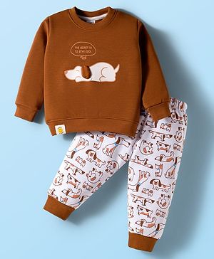 Mini Taurus Fleece Knit Winter Wear Night Suit With Dog Print - Brown