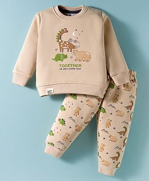Mini Taurus Fleece Knit Winter Wear Night Suit With Animal Print - Beige