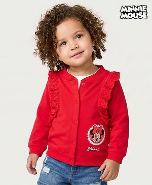 Babyhug Disney Terry Knit Full Sleeves Sweatshirt With Minnie Mouse Badge Detailing and Frill Detailing - Red