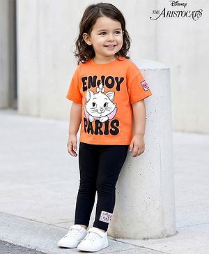 Babyhug Disney Single Jersey Knit Half Sleeves T-Shirt and Leggings with Marrie Graphic Badge Detailing - Orange & Black