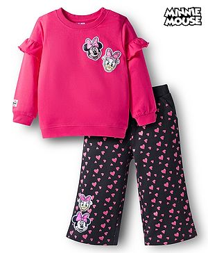 Babyhug Disney Terry Knit Drop Shoulder Sleeves Sweatshirt & Trackpant Set with Minnie & Friends Graphics & Frills & Badge Detailing - Dark Pink & Black