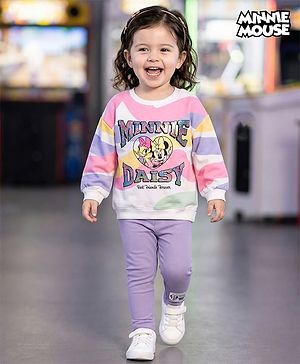 Babyhug Disney Terry Knit  Drop Shoulder Full Sleeves Sweatshirt and Leggings with Minnie & Friend Graphic Badge Detailing - Lilac