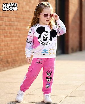 Babyhug Disney Terry Knit Drop Shoulder Full Sleeves Sweatshirt & Track Pant Set with Badge Detailing Minnie & Friends Graphic - Pink & White (Design May Vary)
