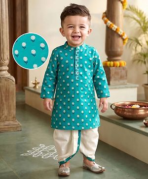 Babyhug Cambric Woven Full Sleeves Kurta Dhoti Set with Floral Print - Turquoise