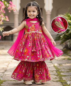 Babyhug Cambric Woven Sleeveless Kurti Palazo & Dupatta Set With Floral Print - Pink