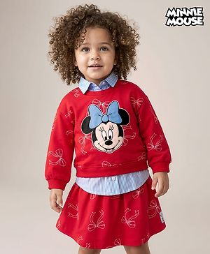Babyhug Disney Terry Knit Drop Shoulder Full Sleeves Sweatshirt with Inner Shirt & Skirt Set with Minnie Graphics - Red