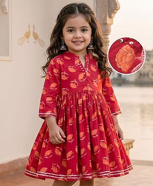 Babyhug Cambric Woven Three Fourth Sleeves Ethnic Dress with Floral Print - Rust Orange