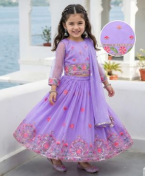 Babyhug Georgette Woven Three Fourth Sleeve Choli Lehenga & Dupatta Set with Floral Embroidery - Lavender