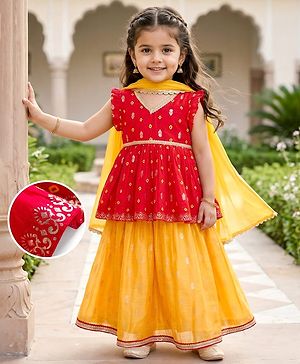 Babyhug Brocade Woven Sleeveless Bandhani Printed Long Brocade Choli & Chanderi Lahenga Set with Dupatta - Red & Yellow