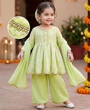 Babyhug Chanderi Woven Three Fourth Sleeves Kurta Salwar & Dupatta Set With Floral Embroidery - Lime Green