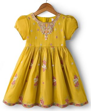 Babyhug Chanderi Woven Half Sleeves Ethnic Dress With Floral Embroidery - Yellow