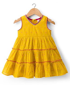 Babyhug Chanderi Woven Sleeveless Ethnic Dress  with Polka Dots & Lace Detailing - Yellow