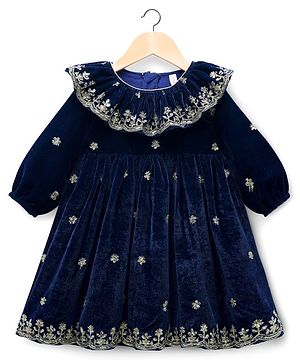 Babyhug Velvet Woven Full Sleeves Floral Embroidered & Sequinned Ethnic Dress- Navy