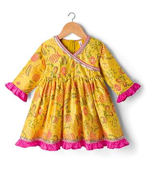 Babyhug Cambric Woven Three Fourth Sleeves Ethnic Dress With Floral Print &With Embroidery Yoke - Yellow