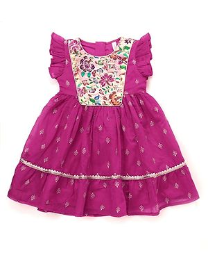 Babyhug Woven Frill Sleeves Ethnic Dress With Floral Embroidery & Sequin Detailing - Fuchsia