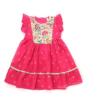 Babyhug Woven Frill Sleeves Ethnic Dress With Floral Embroidery & Sequin Detailing - Fuchsia