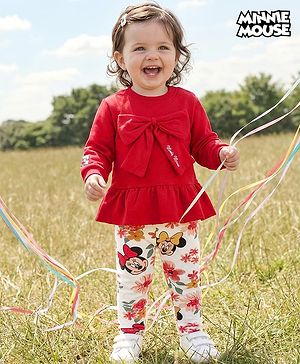 Babyhug Disney Terry Knit Drop Shoulder Full Sleeves Sweatshirt & Leggings Set with Minnie Mouse Graphic & Bow Applique - Red & White
