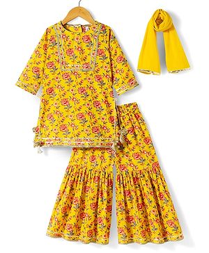 Babyhug Cambric Woven Three Fourth Sleeves  Floral Printed Kurta Gharara Set with Dupatta -  Mustard