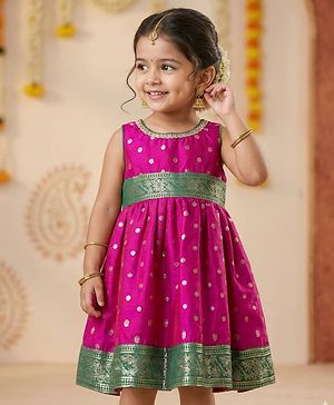 Babyhug Cotton Blend Woven Sleeveless Foil Printed Ethnic Dress - Fuchsia