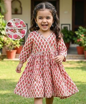 Babyhug Cambric Woven Three Fourth Sleeves Ethnic Dress With Floral Print - Off White