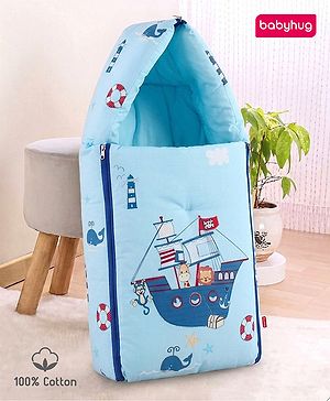Babyhug 100% Cotton Baby Sleeping Bag with Hood Little Sailor Print - Blue| Use as Carry Nest, Mattress or Sleeping Bag| Newborn to Toddler Boys & Girls| New Born Gifting| Warm and Cozy