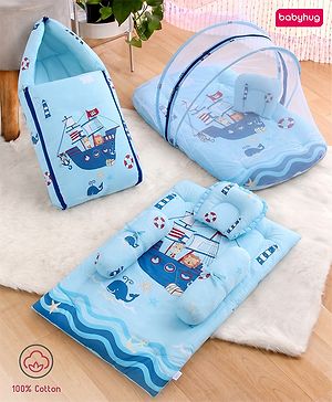 Babyhug Super Saver Bedding Combo Set of 3 Sailor Friends Print - Blue| 100% Cotton| Pillows & Bolsters Included| Lightweight & Travel Friendly| Breathable Fabric| Gifting  Option for 0to6 Months