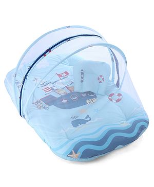 Babyhug 100% Cotton Digital Print Mattress Set with Mosquito Net Sailor Friends -Blue|U Shaped Pillow|Zipper Opening|Foldable & Travel Friendly|Newborn Gifting Option|Use on Floor Cribs Cots or Cradle