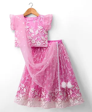 Babyhug Net Woven Frill Sleeves
                              Floral Embroidred Choli Lahenga Set with
                              Dupatta - Pink