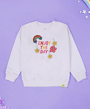 Kiddopanti Fleece Knit Full Sleeves Enjoy The Day Text Printed Light Winter Sweatshirt - White