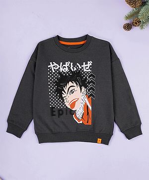 Kiddopanti Fleece Knit Full Sleeves Anime Character Printed Light Winter Sweatshirt - Grey