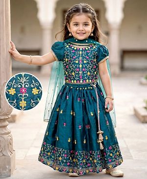 Babyhug Half Sleeves Floral Embroidered  Choli Lehenga & Dupatta Set - Teal