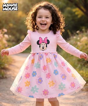 Babyhug Disney Single Jersey Knit Full Sleeves Frock With Minnie Mouse Graphics & Mesh Detailing - Pink
