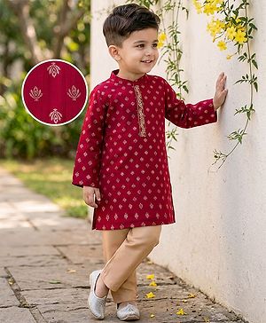 Babyhug Woven Full Sleeves Floral Foil Printed Kurta Pajama  Set- Maroon