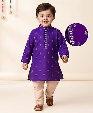 Babyhug Woven Full Sleeves  Foil Printed Kurta Pajama Set- Purple