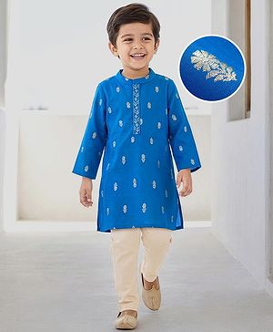 Babyhug Woven Full Sleeves Kurta Pajama Set With Floral Foil Print - Blue
