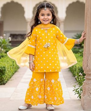 Babyhug Chanderi Woven Three Fourth Sleeves Kurta Sharara & Dupatta Set With Floral Embroidery - Yellow