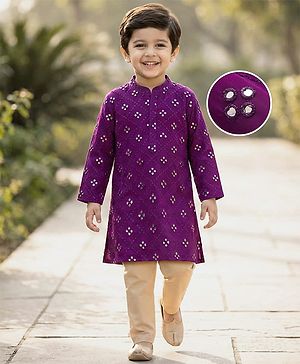 Babyhug Georgette Woven Full Sleeves Kurta Pajama Set With Mirror Embroidered - Purple