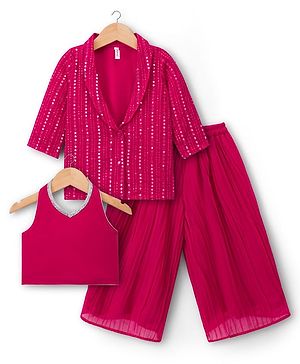 Babyhug Georgette Woven Top & Palazzo Set With Three Fourth Sleeves Embroidered Jacket - Fuchsia