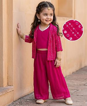 Babyhug Georgette Woven Top & Palazzo Set With Three Fourth Sleeves Embroidered Jacket - Fuchsia