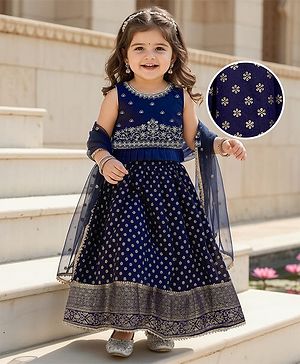 Babyhug Sleeveless Georgett Woven Foil Printed Choli Lahenga with Dupatta -  Navy